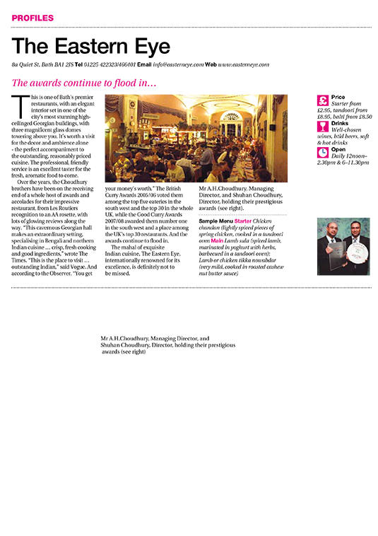 Eating Out West Magazine tear sheet. The Grand Eastern Indian Restaurant, Bath