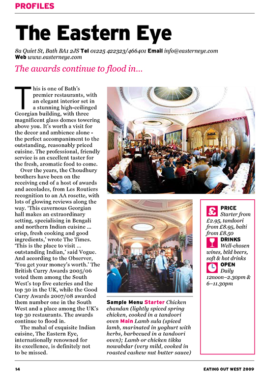 Eating Out West Magazine tear sheet. The Grand Eastern Indian Restaurant, Bath
